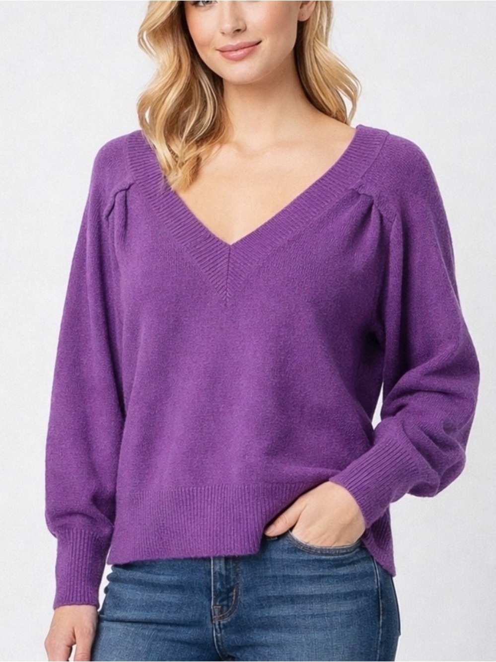 CAbi | V-Neck Puff Sleeve Sweater in Bright Purple | Sz S